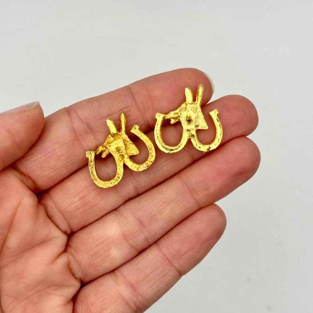 Vintage Gold Tone Donkey Head Horseshoe Lapel Pins Tie Pin Republican Patriotic